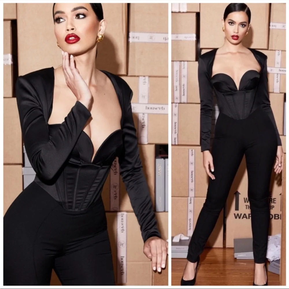 House of CB ‘Zoey’ Black Satin Corset Jumpsuit NWOT
